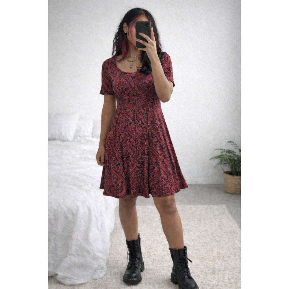 Whimsigoth Fairygrunge Dress S Fit Flare Black Red Paisley Emo Feminine Flowy